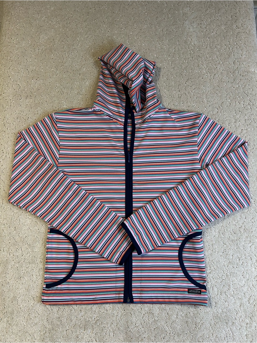 Athleta Pink Orange Green Striped Zip Front Hoodie Top Best for XS/S